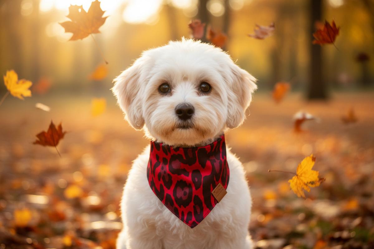 Hond met rode bandana en herfst achtergrond